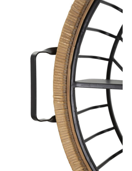 Étagère murale originale bohème chic Ronde 1 niveau Métal Noir Rotin Naturel Tressé Cebu 72 cm 