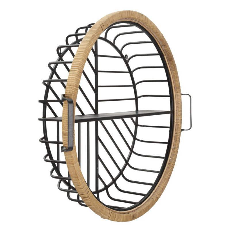 Étagère murale originale bohème chic Ronde 1 niveau Métal Noir Rotin Naturel Tressé Cebu 72 cm 