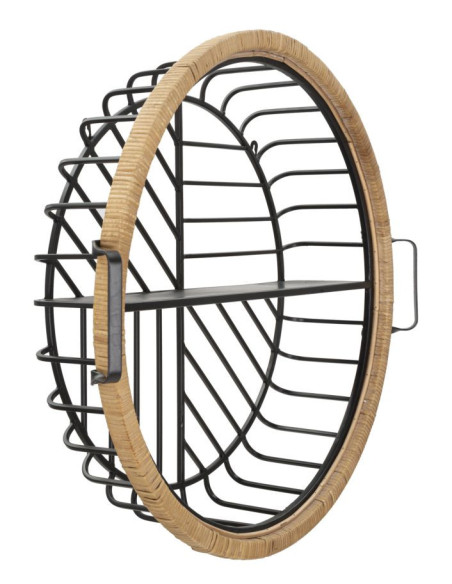 Étagère murale originale bohème chic Ronde 1 niveau Métal Noir Rotin Naturel Tressé Cebu 72 cm 