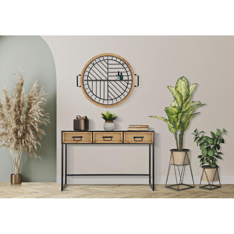 Étagère murale originale bohème chic Ronde 1 niveau Métal Noir Rotin Naturel Tressé Cebu 72 cm 