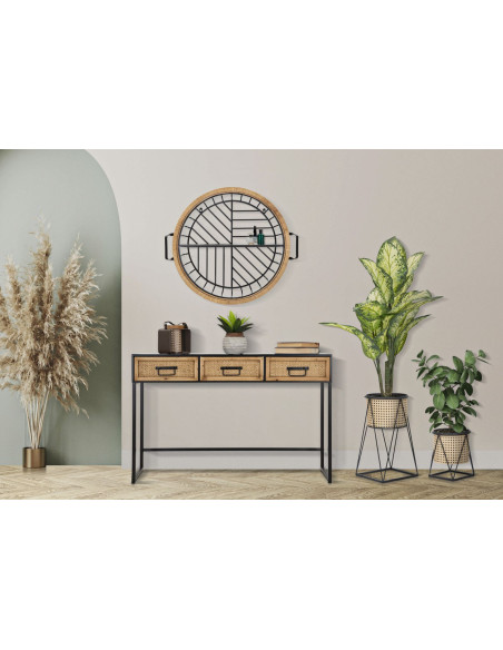 Étagère murale originale bohème chic Ronde 1 niveau Métal Noir Rotin Naturel Tressé Cebu 72 cm 