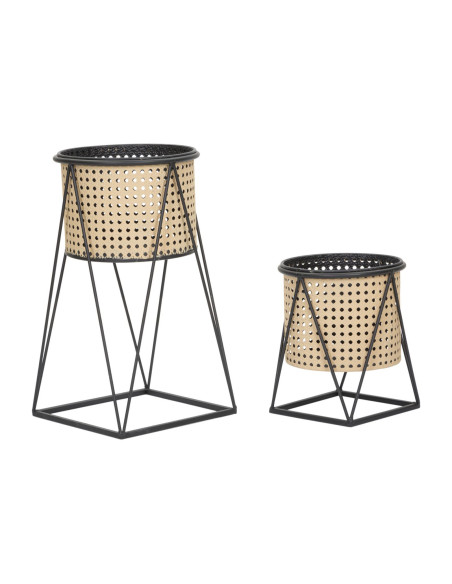 Lot de 2 Grands Cache-pots Bohème chic Rond Métal Naturel Effet cannage Noir Osaka 