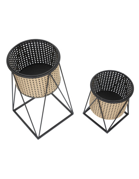 Lot de 2 Grands Cache-pots Bohème chic Rond Métal Naturel Effet cannage Noir Osaka 