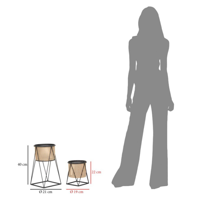 Lot de 2 Grands Cache-pots Bohème chic Rond Métal Naturel Effet cannage Noir Osaka 