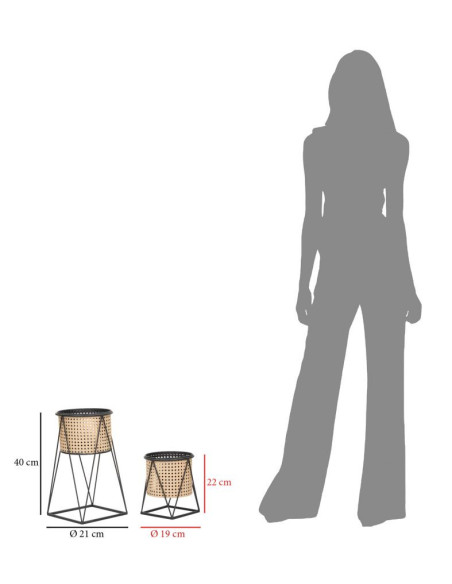 Lot de 2 Grands Cache-pots Bohème chic Rond Métal Naturel Effet cannage Noir Osaka 