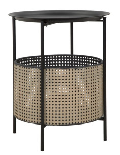 Table d'appoint Bohème chic avec panier rangement Ronde Métal Noir Naturel Effet cannage Osaka 40 cm 