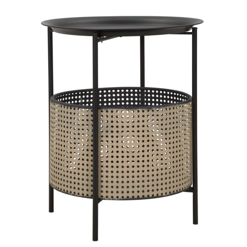 Table d'appoint Bohème chic avec panier rangement Ronde Métal Noir Naturel Effet cannage Osaka 40 cm 