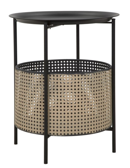 Table d'appoint Bohème chic avec panier rangement Ronde Métal Noir Naturel Effet cannage Osaka 40 cm 