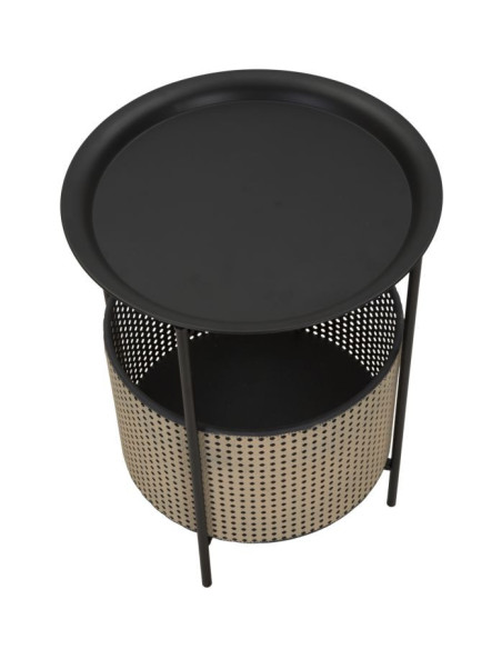Table d'appoint Bohème chic avec panier rangement Ronde Métal Noir Naturel Effet cannage Osaka 40 cm 