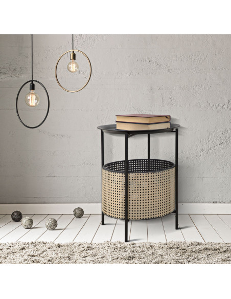 Table d'appoint Bohème chic avec panier rangement Ronde Métal Noir Naturel Effet cannage Osaka 40 cm 