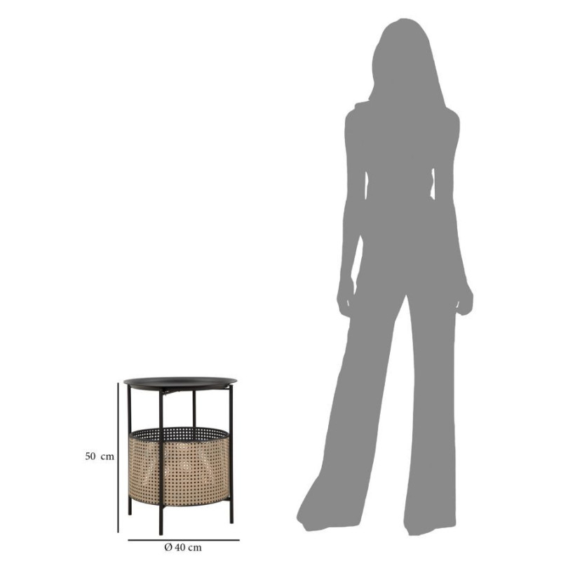 Table d'appoint Bohème chic avec panier rangement Ronde Métal Noir Naturel Effet cannage Osaka 40 cm 