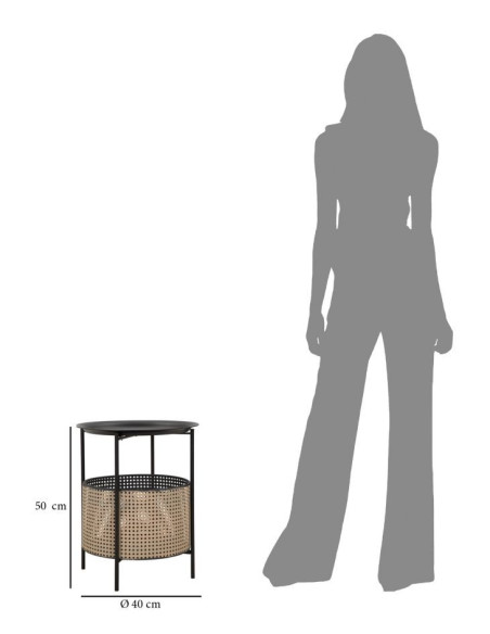 Table d'appoint Bohème chic avec panier rangement Ronde Métal Noir Naturel Effet cannage Osaka 40 cm 