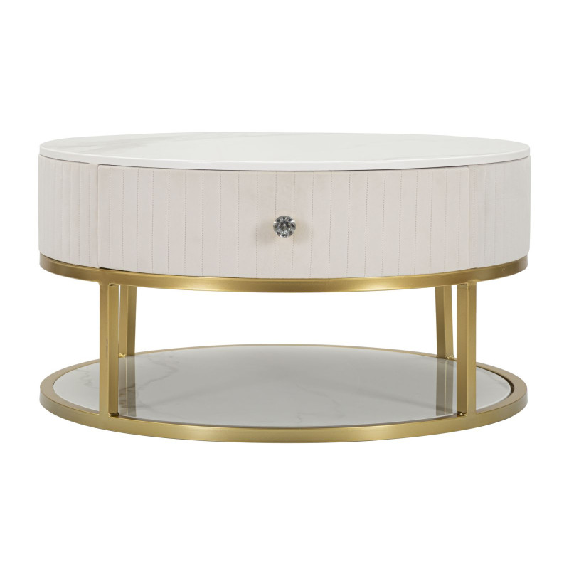 Table basse design chic Ronde 1 tiroir Velours Beige Bois MDF Blanc Effet marbre Métal Doré Montpellier 75 cm 