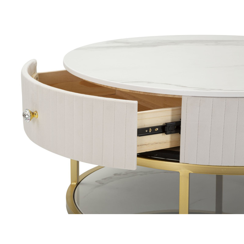 Table basse design chic Ronde 1 tiroir Velours Beige Bois MDF Blanc Effet marbre Métal Doré Montpellier 75 cm 