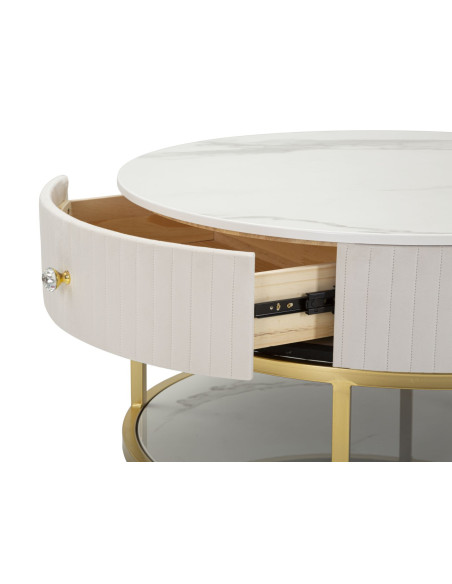 Table basse design chic Ronde 1 tiroir Velours Beige Bois MDF Blanc Effet marbre Métal Doré Montpellier 75 cm 