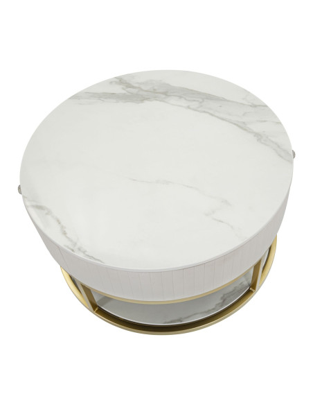 Table basse design chic Ronde 1 tiroir Velours Beige Bois MDF Blanc Effet marbre Métal Doré Montpellier 75 cm 