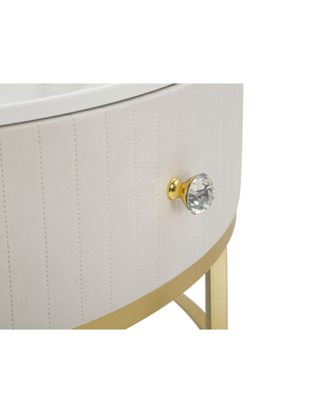 Table basse design chic Ronde 1 tiroir Velours Beige Bois MDF Blanc Effet marbre Métal Doré Montpellier 75 cm 