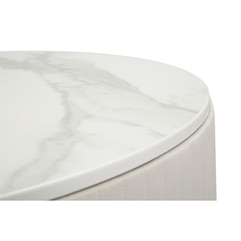 Table basse design chic Ronde 1 tiroir Velours Beige Bois MDF Blanc Effet marbre Métal Doré Montpellier 75 cm 