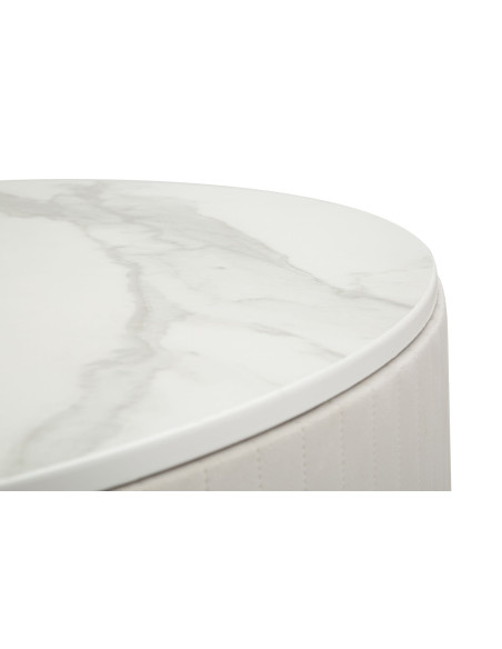 Table basse design chic Ronde 1 tiroir Velours Beige Bois MDF Blanc Effet marbre Métal Doré Montpellier 75 cm 