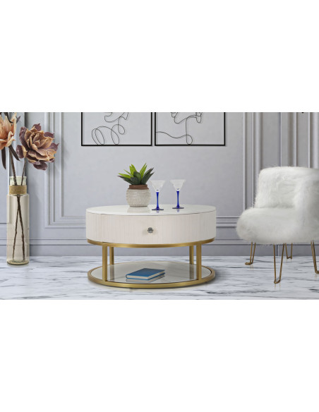 Table basse design chic Ronde 1 tiroir Velours Beige Bois MDF Blanc Effet marbre Métal Doré Montpellier 75 cm 