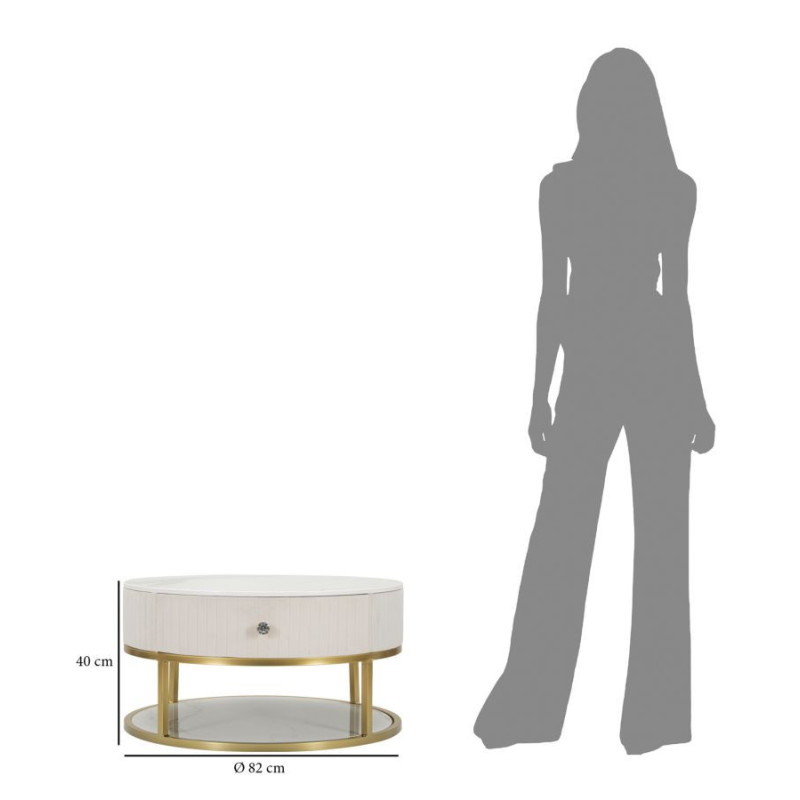 Table basse design chic Ronde 1 tiroir Velours Beige Bois MDF Blanc Effet marbre Métal Doré Montpellier 75 cm 