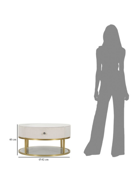 Table basse design chic Ronde 1 tiroir Velours Beige Bois MDF Blanc Effet marbre Métal Doré Montpellier 75 cm 