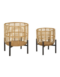 Lot de 2 Cache-pots sur pieds bohème chic Rond Rotin Naturel Tressé Métal Noir Rattan 