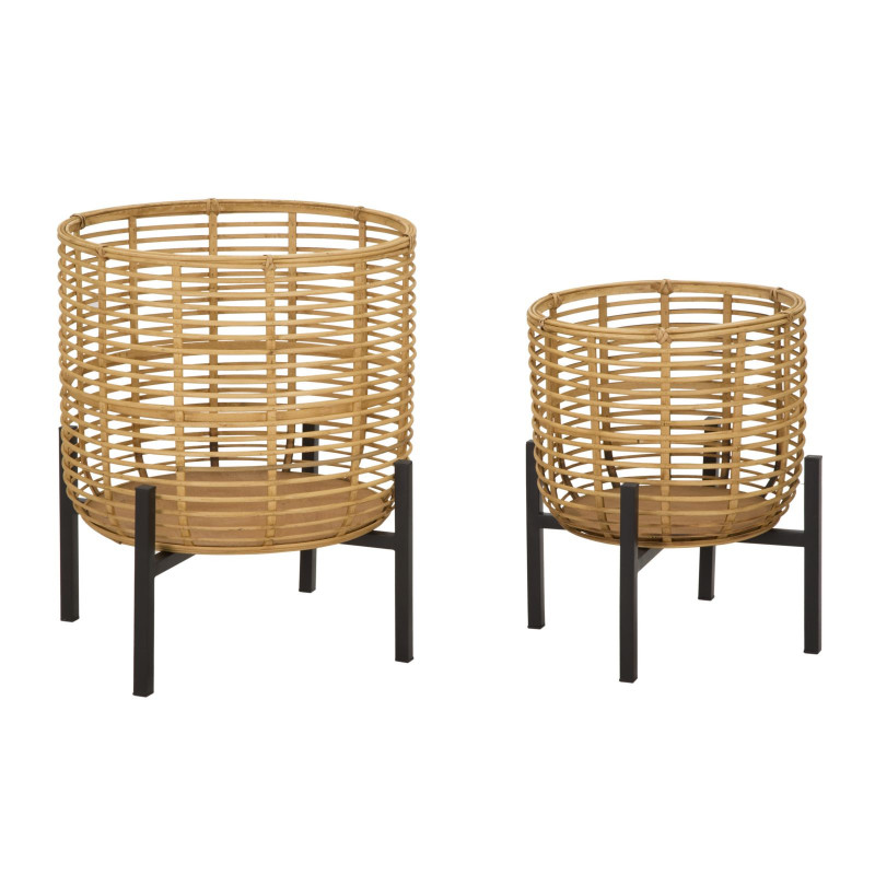 Lot de 2 Cache-pots sur pieds bohème chic Rond Rotin Naturel Tressé Métal Noir Rattan 