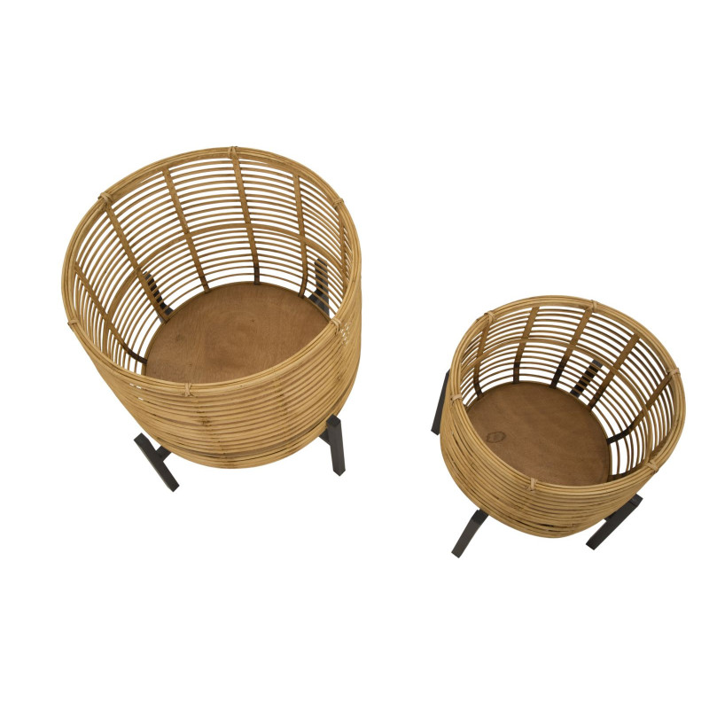Lot de 2 Cache-pots sur pieds bohème chic Rond Rotin Naturel Tressé Métal Noir Rattan 