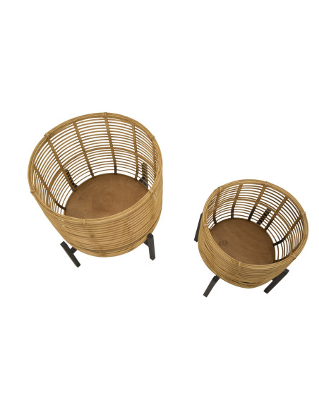 Lot de 2 Cache-pots sur pieds bohème chic Rond Rotin Naturel Tressé Métal Noir Rattan 