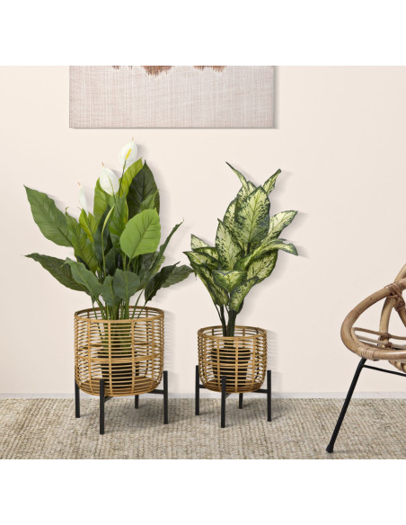 Lot de 2 Cache-pots sur pieds bohème chic Rond Rotin Naturel Tressé Métal Noir Rattan 