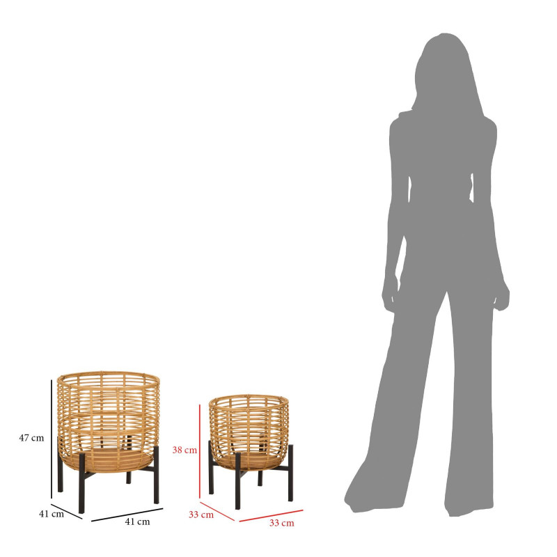 Lot de 2 Cache-pots sur pieds bohème chic Rond Rotin Naturel Tressé Métal Noir Rattan 