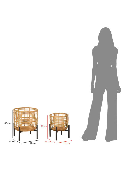 Lot de 2 Cache-pots sur pieds bohème chic Rond Rotin Naturel Tressé Métal Noir Rattan 