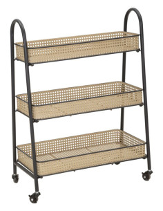 Table d'appoint design bohème chic sur roues Rectangulaire 3 niveaux Rotin Naturel Cannage Métal Noir Fuji 60 cm 