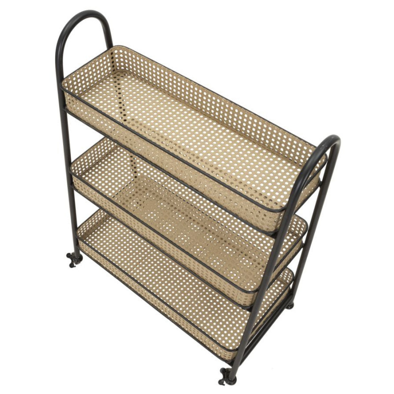 Table d'appoint design bohème chic sur roues Rectangulaire 3 niveaux Rotin Naturel Cannage Métal Noir Fuji 60 cm 