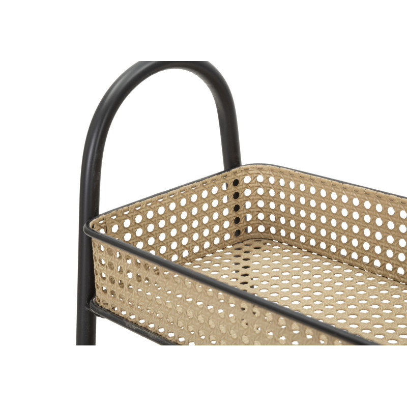 Table d'appoint design bohème chic sur roues Rectangulaire 3 niveaux Rotin Naturel Cannage Métal Noir Fuji 60 cm 