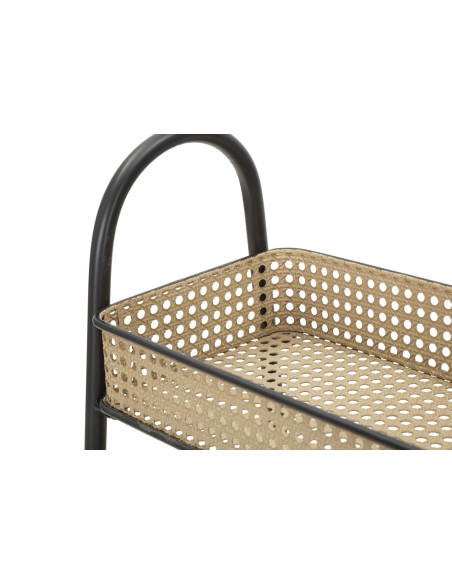 Table d'appoint design bohème chic sur roues Rectangulaire 3 niveaux Rotin Naturel Cannage Métal Noir Fuji 60 cm 