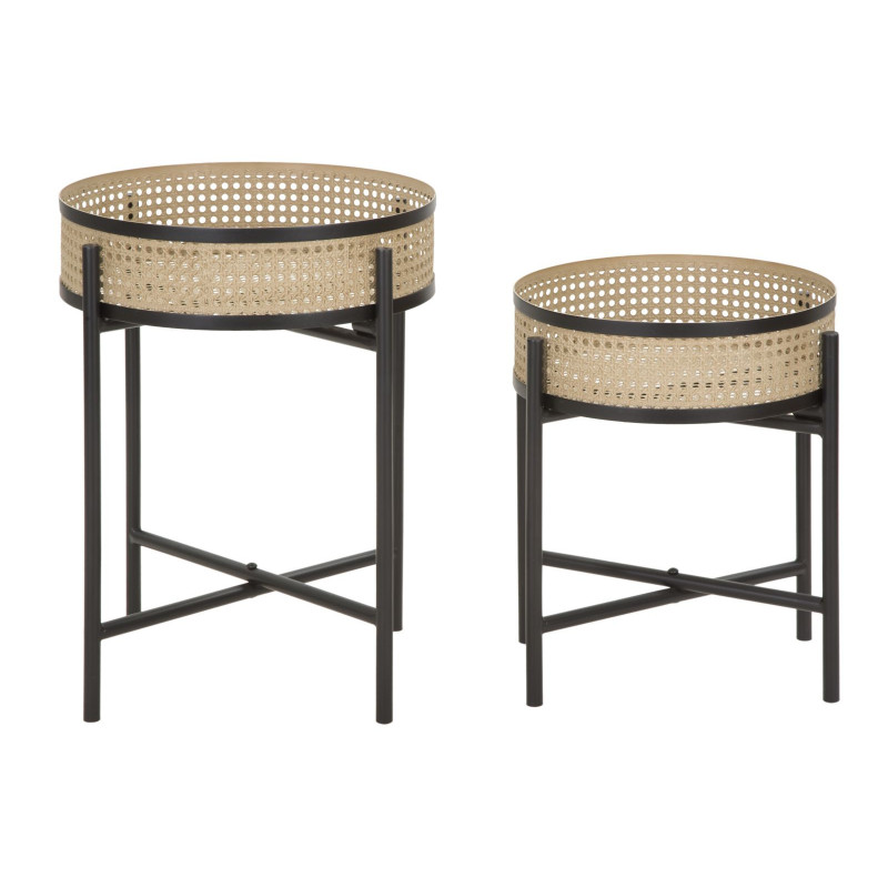 Lot de 2 Tables d'appoint design bohème chic Ronde Métal Naturel Effet cannage Noir Fuji 