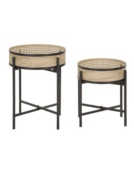 Lot de 2 Tables d'appoint design bohème chic Ronde Métal Naturel Effet cannage Noir Fuji 