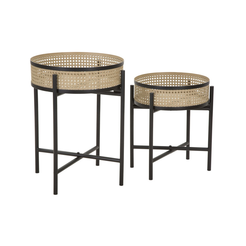 Lot de 2 Tables d'appoint design bohème chic Ronde Métal Naturel Effet cannage Noir Fuji 