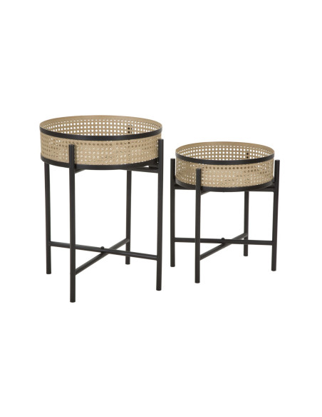 Lot de 2 Tables d'appoint design bohème chic Ronde Métal Naturel Effet cannage Noir Fuji 