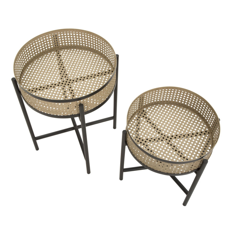 Lot de 2 Tables d'appoint design bohème chic Ronde Métal Naturel Effet cannage Noir Fuji 