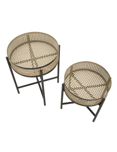 Lot de 2 Tables d'appoint design bohème chic Ronde Métal Naturel Effet cannage Noir Fuji 