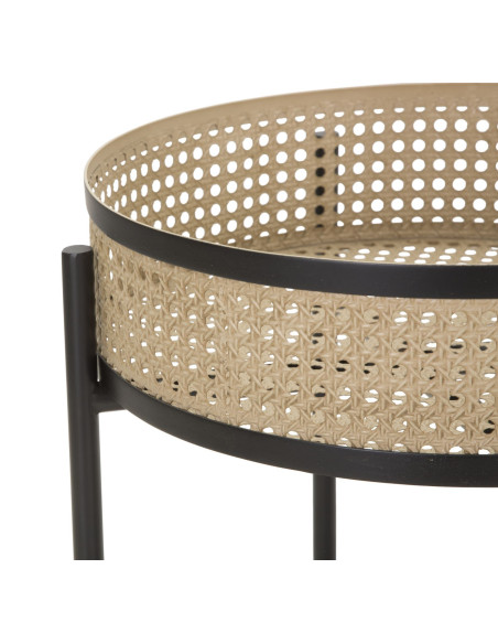Lot de 2 Tables d'appoint design bohème chic Ronde Métal Naturel Effet cannage Noir Fuji 