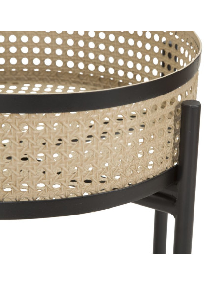 Lot de 2 Tables d'appoint design bohème chic Ronde Métal Naturel Effet cannage Noir Fuji 