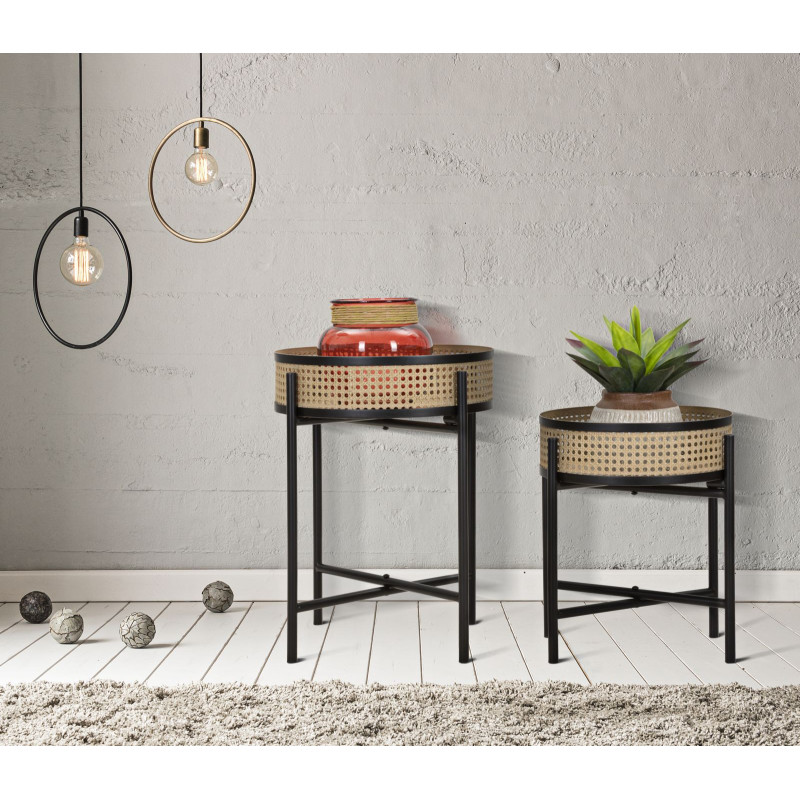 Lot de 2 Tables d'appoint design bohème chic Ronde Métal Naturel Effet cannage Noir Fuji 
