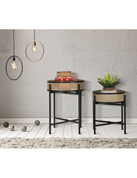 Lot de 2 Tables d'appoint design bohème chic Ronde Métal Naturel Effet cannage Noir Fuji 