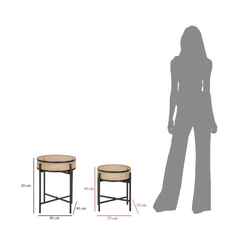 Lot de 2 Tables d'appoint design bohème chic Ronde Métal Naturel Effet cannage Noir Fuji 