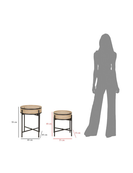 Lot de 2 Tables d'appoint design bohème chic Ronde Métal Naturel Effet cannage Noir Fuji 