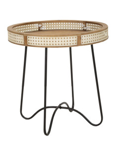 Table d'appoint design bohème chic Ronde Bois de sapin Naturel Métal Beige Effet cannage Noir Fuji 60 cm 